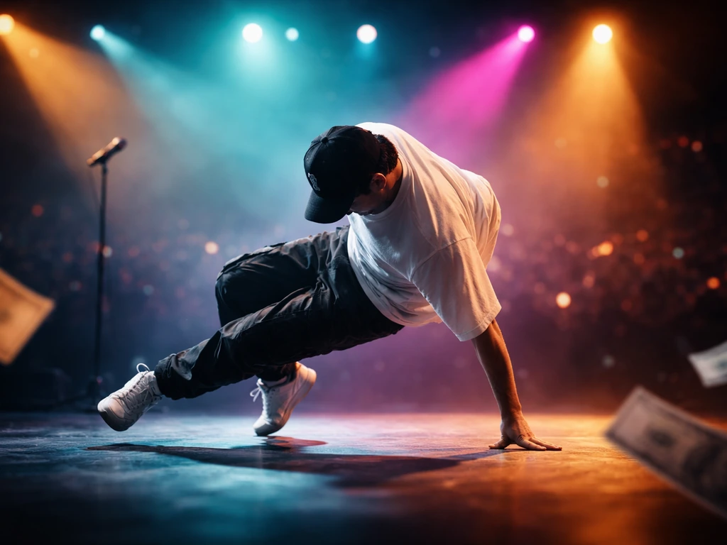 Anonymous b-boy performing under colored stage lights, symbolizing earnings and media spotlight.