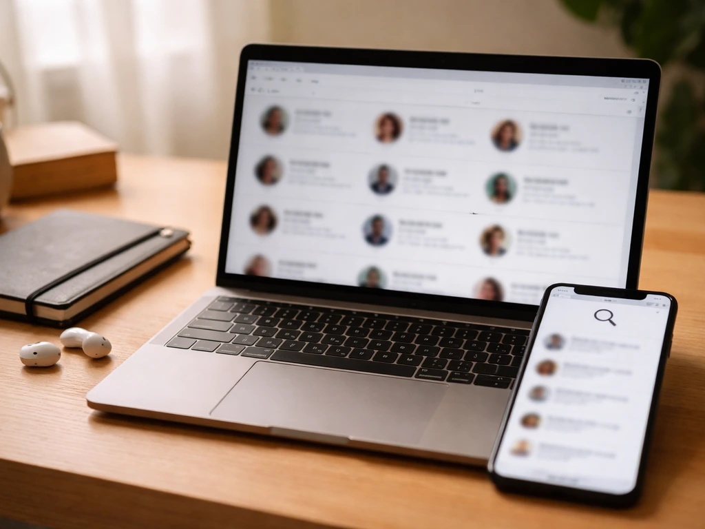 Minimal desk scene with blurred laptop and phone search results suggesting mixed-up similar profiles