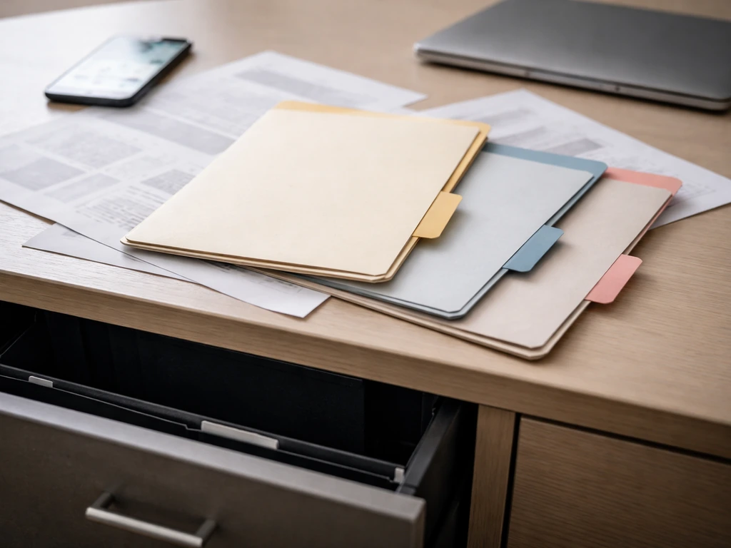 Minimal office desk with documents and blurred finance app, symbolizing incomplete net worth data.
