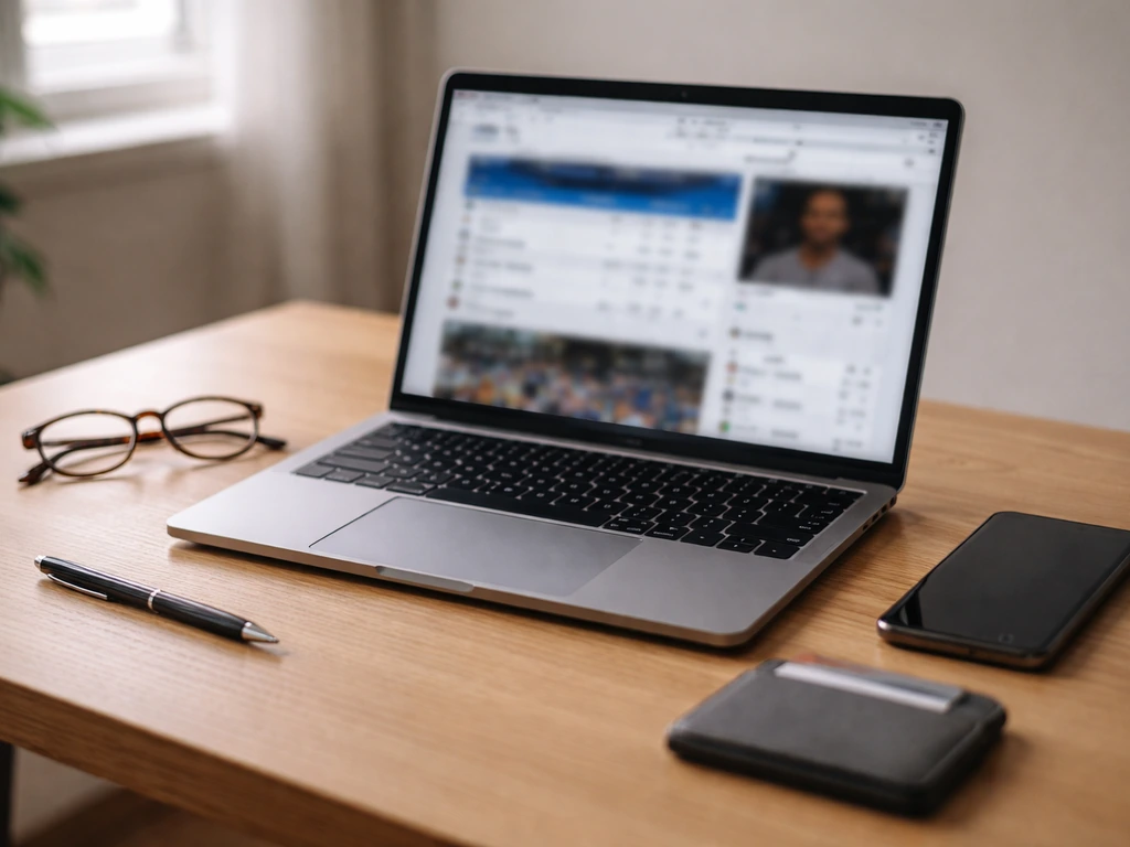 Minimal desk scene with a laptop showing blurred sports event pages and a credit card, symbolizing credible public data
