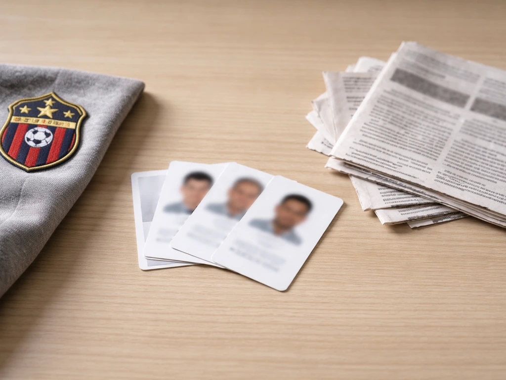 Split image of football club crest, passport-like cards, and blurred newspaper clippings symbolizing identity matching