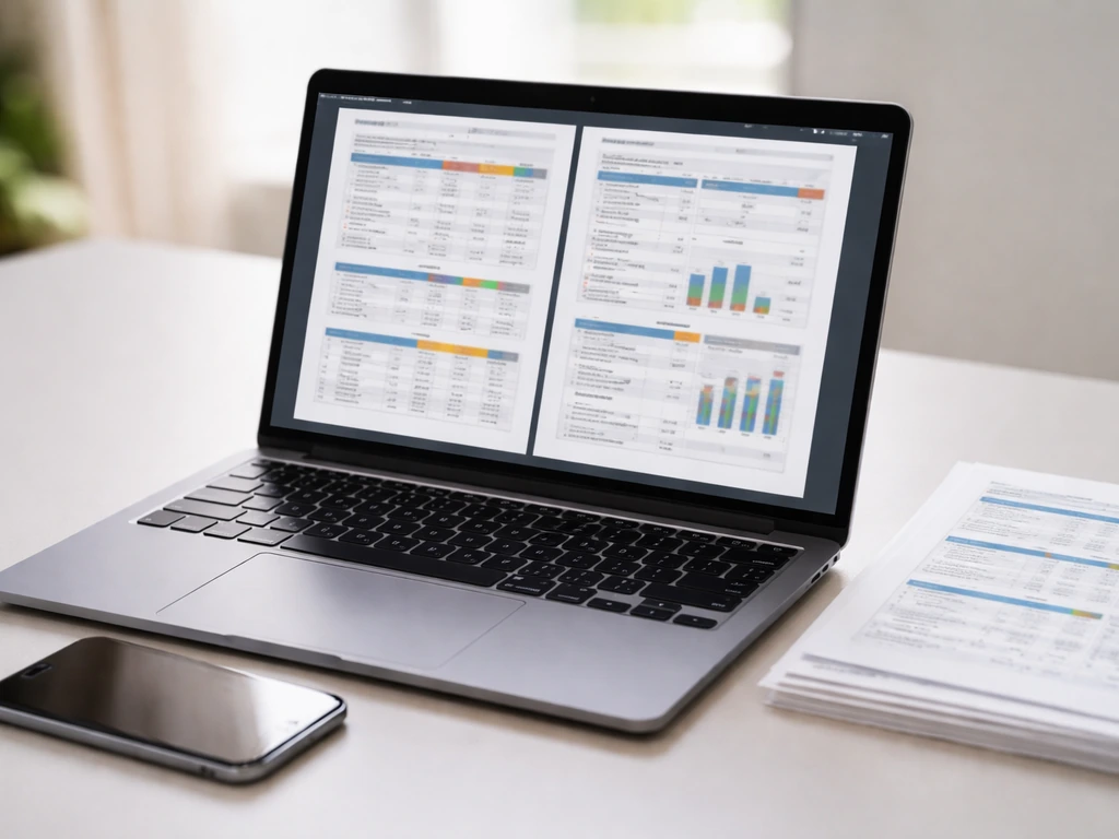 Close-up of a laptop open to an MLS salary-guide-style PDF with printed pages on a desk.