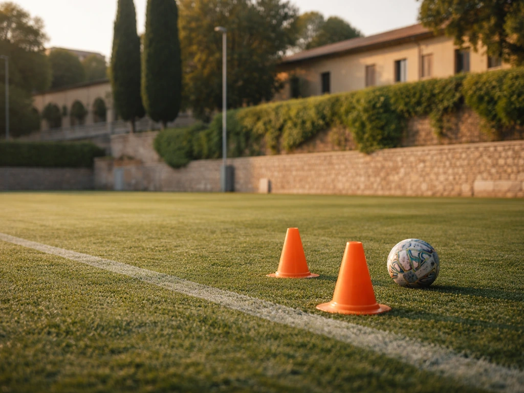 Empty soccer training ground with youth-style drills setup under a bright academy courtyard sky