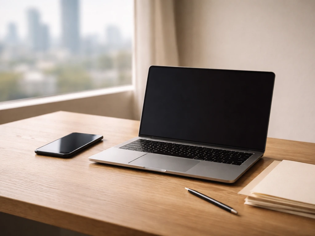 Minimal desk scene showing multiple open devices and paper folders suggesting confusing identity search
