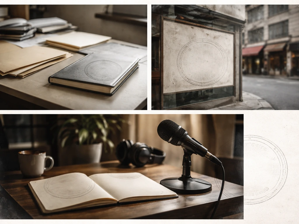 Minimal collage of empty office, storefront, and podcast desk symbols suggesting no verified income records.